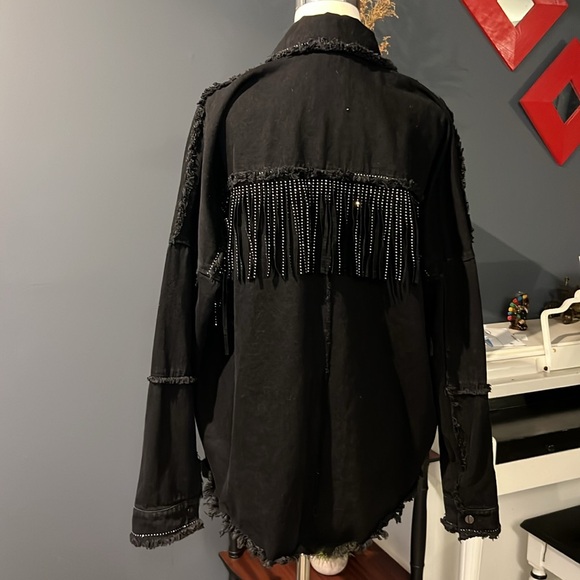 Zara black denim fringe rhinestone jacket size XS - Picture 5 of 12